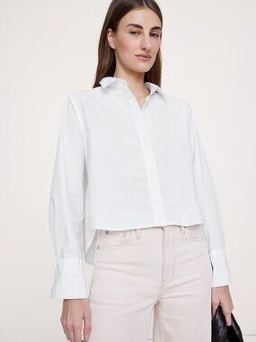 NWT!! Banana Republic White Cotton Poplin Cropped Shirt w/Elbow Patches S